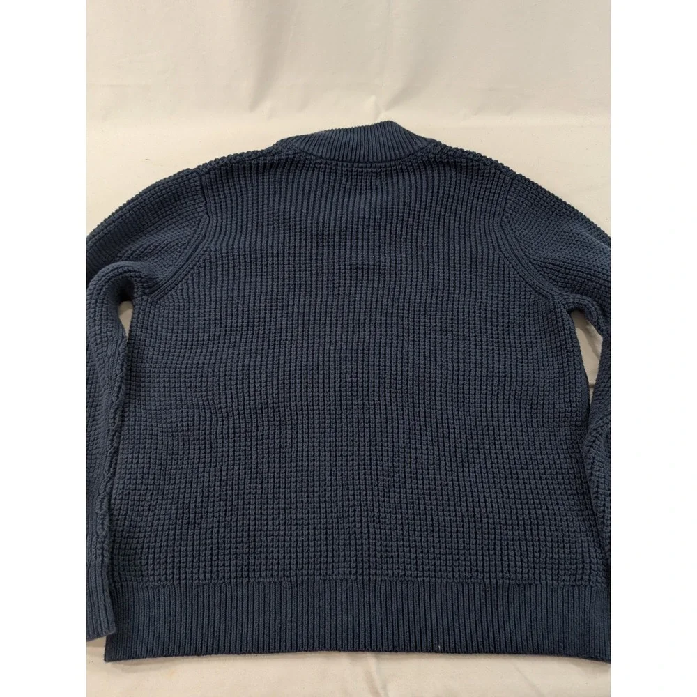 LL Bean Men's Large 100% Organic Cotton Waffle Knit 1/4 Zip Sweater Blue Heavy‎